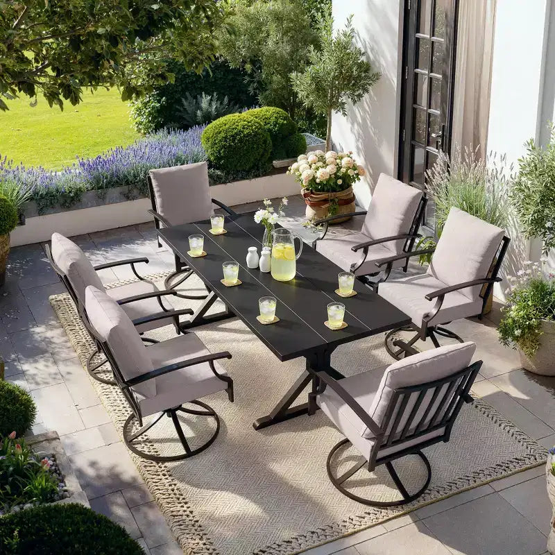 ALAULM Ensemble de Salle à Manger de Jardin 7 Pièces, Mobilier de Jardin en Métal d'Extérieur avec 6 Chaises Pivotantes à Bascule et Grande Table en Métal avec Trou pour Parasol pour Jardin, Cour Arrière