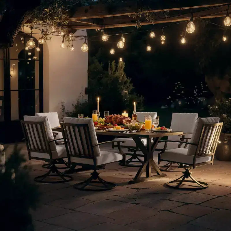 ALAULM Ensemble de Salle à Manger de Jardin 7 Pièces, Mobilier de Jardin en Métal d'Extérieur avec 6 Chaises Pivotantes à Bascule et Grande Table en Métal avec Trou pour Parasol pour Jardin, Cour Arrière