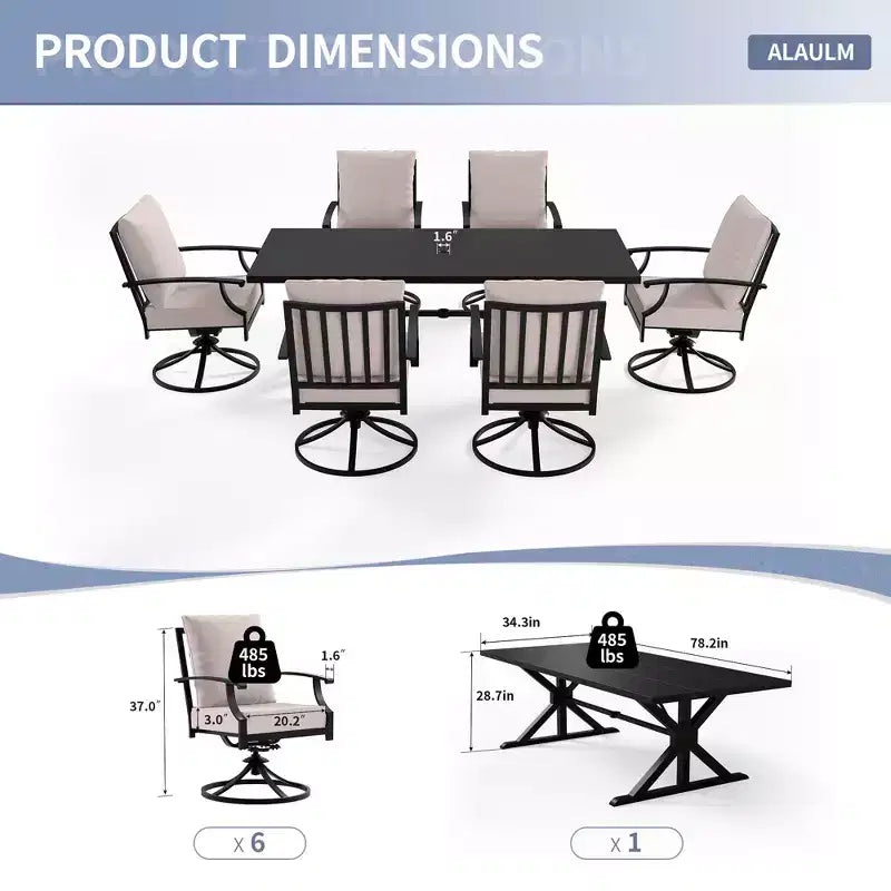 ALAULM Ensemble de Salle à Manger de Jardin 7 Pièces, Mobilier de Jardin en Métal d'Extérieur avec 6 Chaises Pivotantes à Bascule et Grande Table en Métal avec Trou pour Parasol pour Jardin, Cour Arrière
