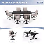 ALAULM Ensemble de Salle à Manger de Jardin 7 Pièces, Mobilier de Jardin en Métal d'Extérieur avec 6 Chaises Pivotantes à Bascule et Grande Table en Métal avec Trou pour Parasol pour Jardin, Cour Arrière