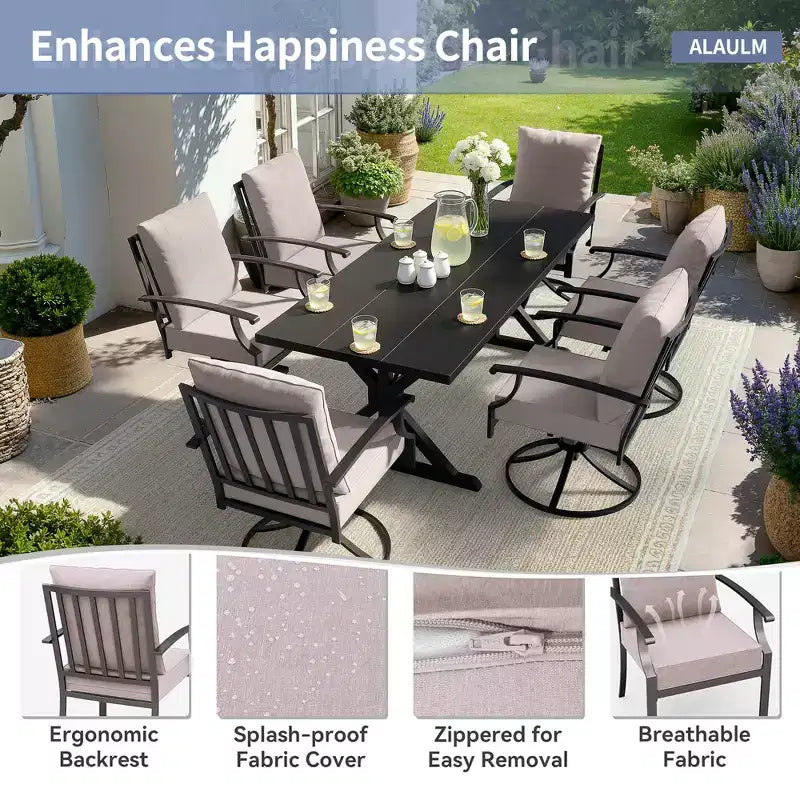 ALAULM Ensemble de Salle à Manger de Jardin 7 Pièces, Mobilier de Jardin en Métal d'Extérieur avec 6 Chaises Pivotantes à Bascule et Grande Table en Métal avec Trou pour Parasol pour Jardin, Cour Arrière