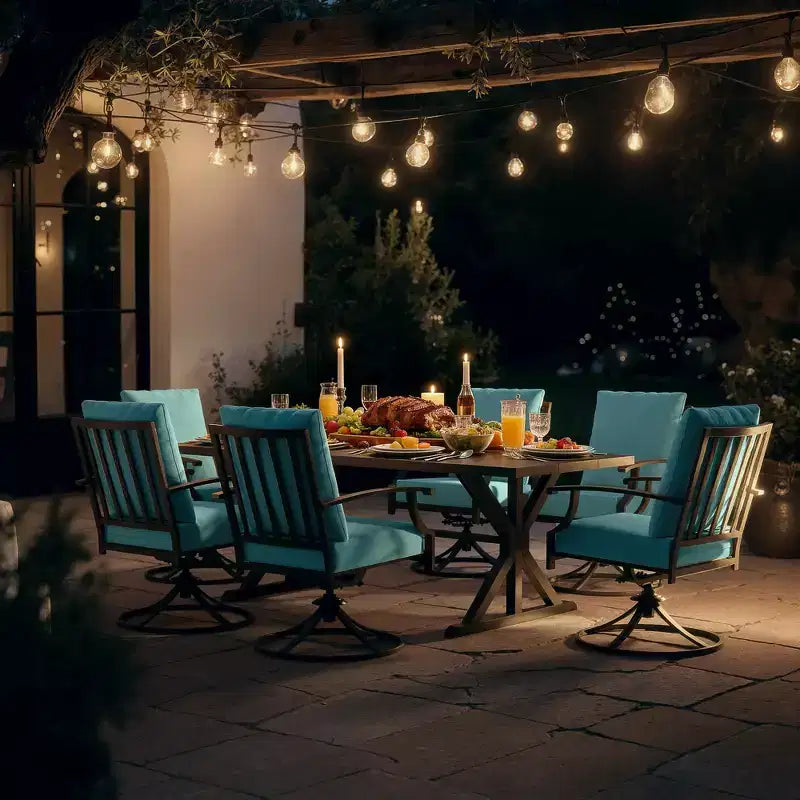 ALAULM Ensemble de Salle à Manger de Jardin 7 Pièces, Mobilier de Jardin en Métal d'Extérieur avec 6 Chaises Pivotantes à Bascule et Grande Table en Métal avec Trou pour Parasol pour Jardin, Cour Arrière