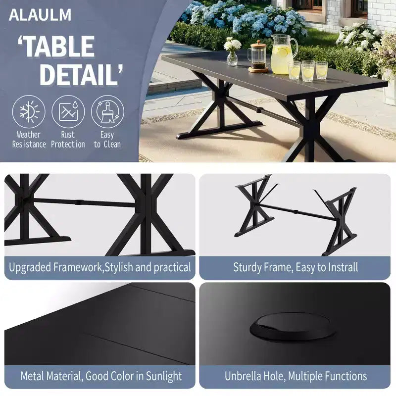 ALAULM Ensemble de Salle à Manger de Jardin 7 Pièces, Mobilier de Jardin en Métal d'Extérieur avec 6 Chaises Pivotantes à Bascule et Grande Table en Métal avec Trou pour Parasol pour Jardin, Cour Arrière