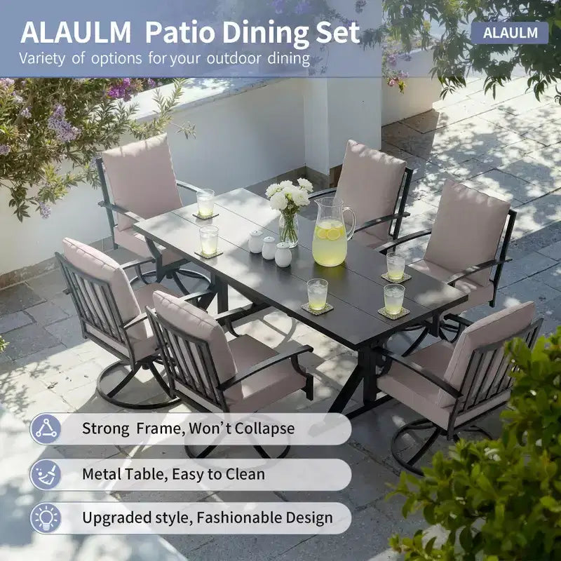 ALAULM Ensemble de Salle à Manger de Jardin 7 Pièces, Mobilier de Jardin en Métal d'Extérieur avec 6 Chaises Pivotantes à Bascule et Grande Table en Métal avec Trou pour Parasol pour Jardin, Cour Arrière