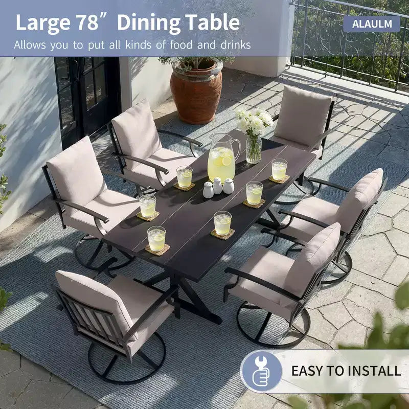 ALAULM Ensemble de Salle à Manger de Jardin 7 Pièces, Mobilier de Jardin en Métal d'Extérieur avec 6 Chaises Pivotantes à Bascule et Grande Table en Métal avec Trou pour Parasol pour Jardin, Cour Arrière
