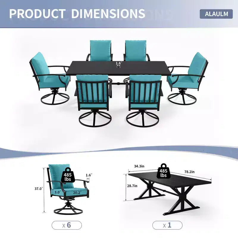 ALAULM Ensemble de Salle à Manger de Jardin 7 Pièces, Mobilier de Jardin en Métal d'Extérieur avec 6 Chaises Pivotantes à Bascule et Grande Table en Métal avec Trou pour Parasol pour Jardin, Cour Arrière