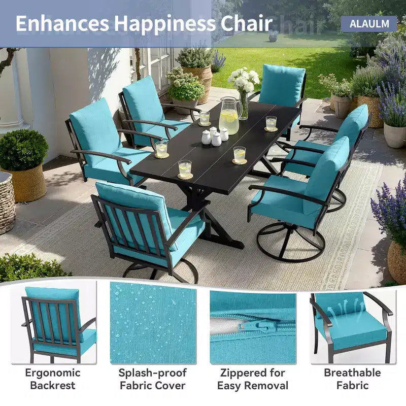 ALAULM Ensemble de Salle à Manger de Jardin 7 Pièces, Mobilier de Jardin en Métal d'Extérieur avec 6 Chaises Pivotantes à Bascule et Grande Table en Métal avec Trou pour Parasol pour Jardin, Cour Arrière