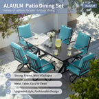 ALAULM Ensemble de Salle à Manger de Jardin 7 Pièces, Mobilier de Jardin en Métal d'Extérieur avec 6 Chaises Pivotantes à Bascule et Grande Table en Métal avec Trou pour Parasol pour Jardin, Cour Arrière