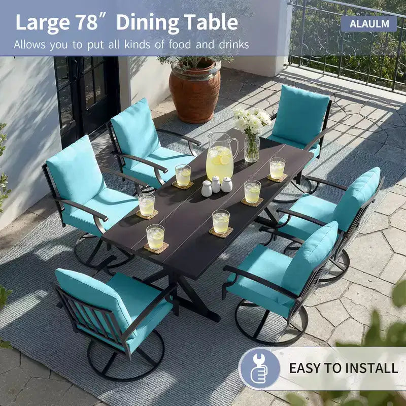 ALAULM Ensemble de Salle à Manger de Jardin 7 Pièces, Mobilier de Jardin en Métal d'Extérieur avec 6 Chaises Pivotantes à Bascule et Grande Table en Métal avec Trou pour Parasol pour Jardin, Cour Arrière