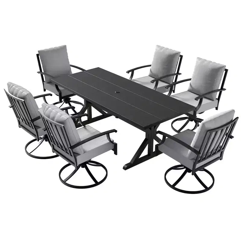 ALAULM Ensemble de Salle à Manger de Jardin 7 Pièces, Mobilier de Jardin en Métal d'Extérieur avec 6 Chaises Pivotantes à Bascule et Grande Table en Métal avec Trou pour Parasol pour Jardin, Cour Arrière