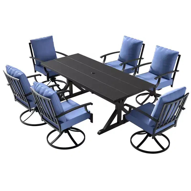 ALAULM Ensemble de Salle à Manger de Jardin 7 Pièces, Mobilier de Jardin en Métal d'Extérieur avec 6 Chaises Pivotantes à Bascule et Grande Table en Métal avec Trou pour Parasol pour Jardin, Cour Arrière