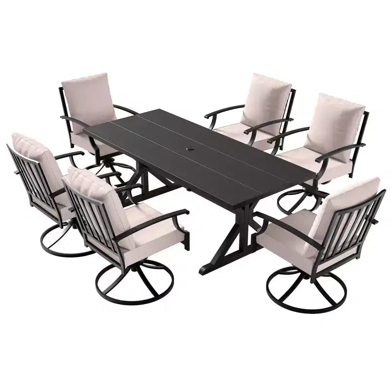 ALAULM Ensemble de Salle à Manger de Jardin 7 Pièces, Mobilier de Jardin en Métal d'Extérieur avec 6 Chaises Pivotantes à Bascule et Grande Table en Métal avec Trou pour Parasol pour Jardin, Cour Arrière