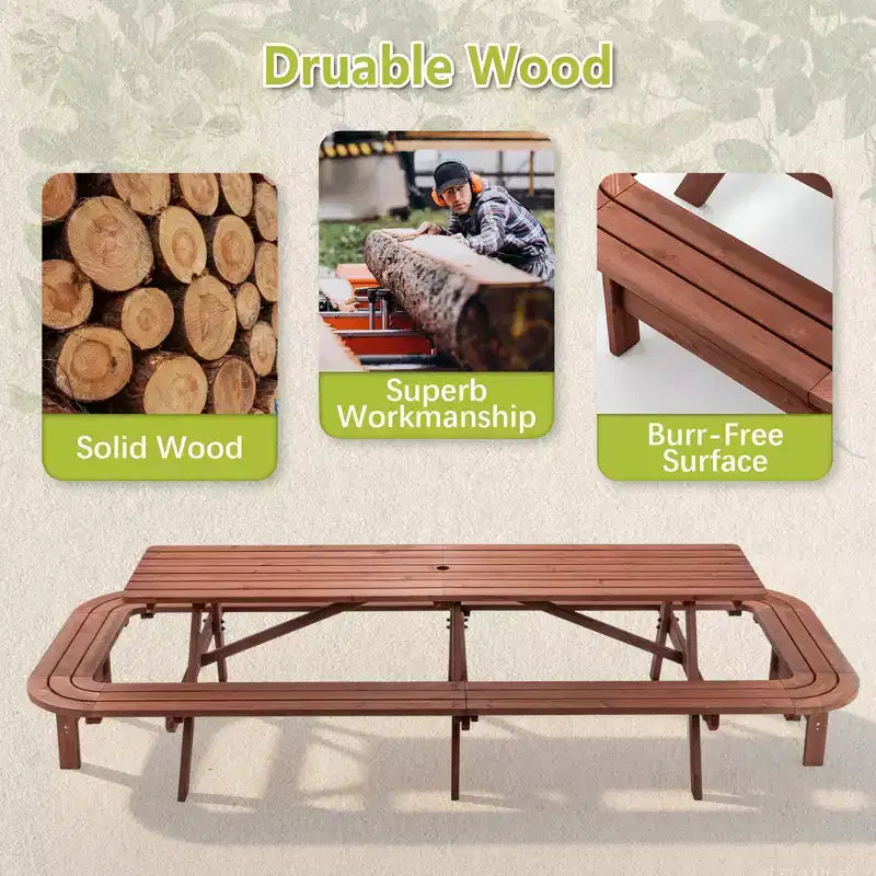 Ensemble de table de pique-nique d'extérieur en bois GDFStudio Martin avec bancs étendus et trou pour parasol