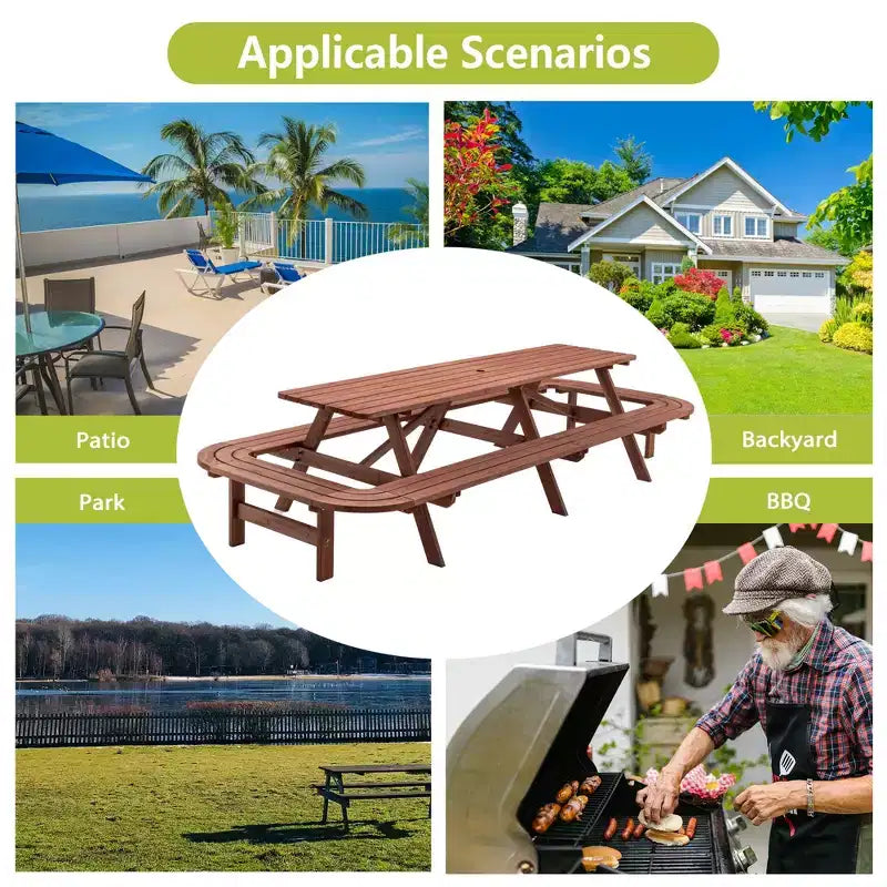Ensemble de table de pique-nique d'extérieur en bois GDFStudio Martin avec bancs étendus et trou pour parasol