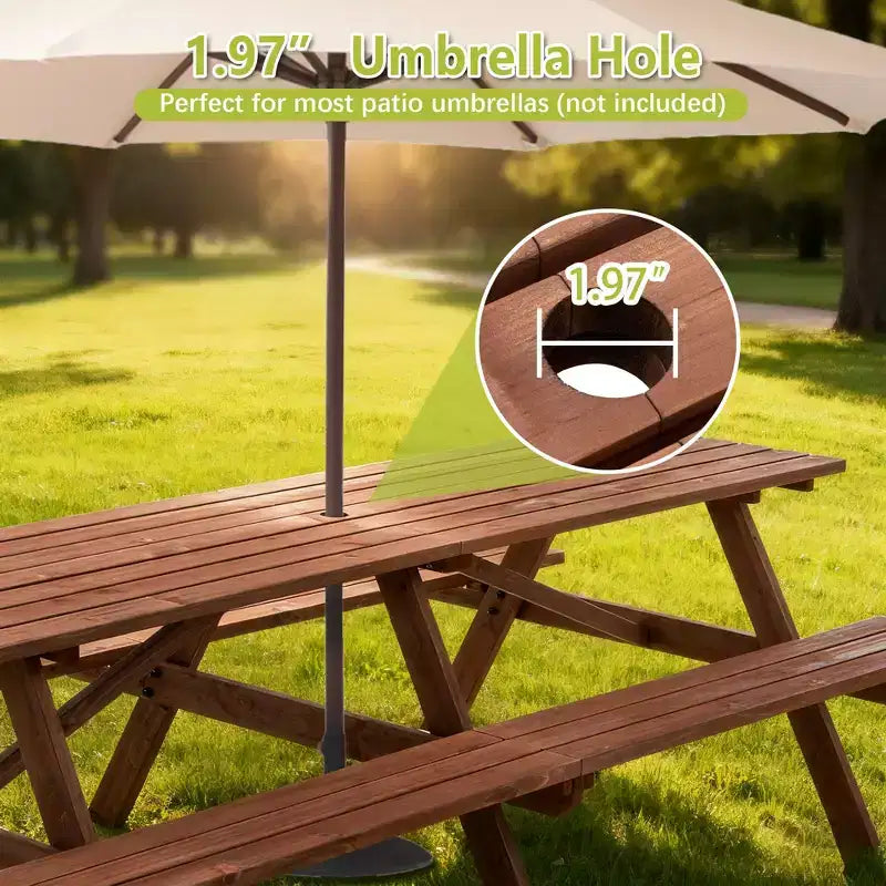 GDFStudio Everfield Outdoor 95-Inch Wooden Picnic Table Set with Built-in Benches and Umbrella Hole