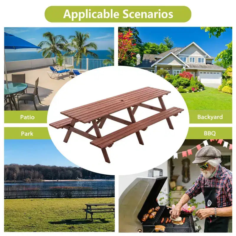GDFStudio Everfield Outdoor 95-Inch Wooden Picnic Table Set with Built-in Benches and Umbrella Hole