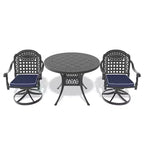 Ensemble de salle à manger de patio en fonte d'aluminium 3 pièces, 1 table ronde + 2 chaises pivotantes, cadre noir résistant à la rouille avec coussins bleus résistants à l'eau