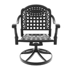 Ensemble de salle à manger de patio en fonte d'aluminium 3 pièces, 1 table ronde + 2 chaises pivotantes, cadre noir résistant à la rouille avec coussins bleus résistants à l'eau