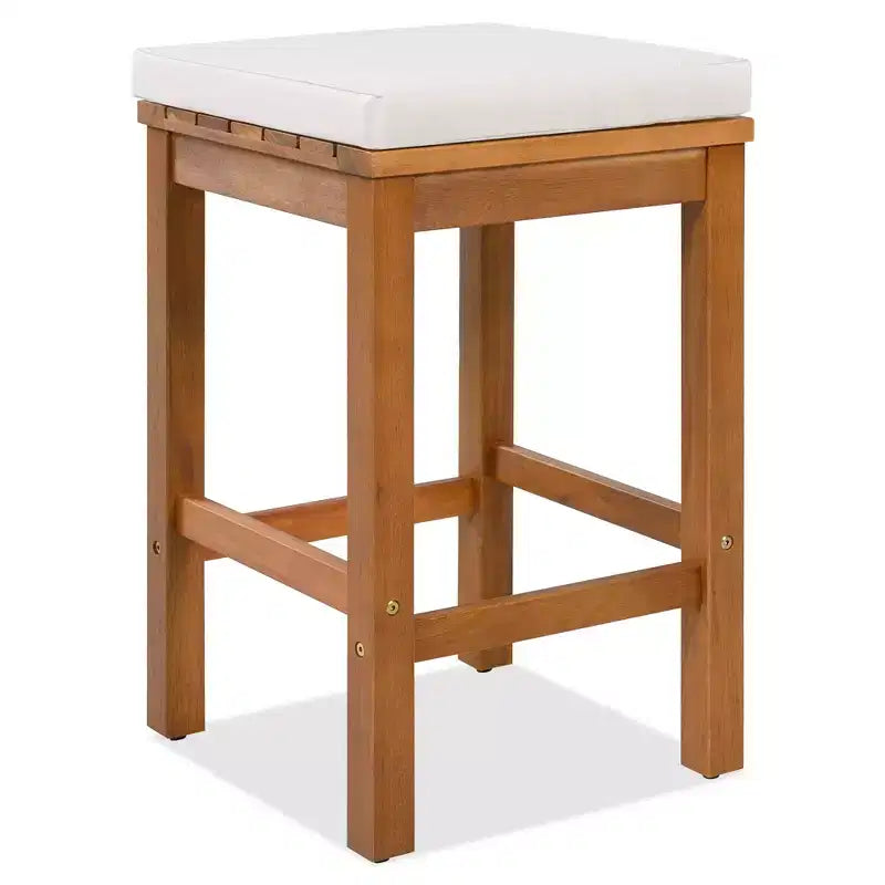 Ensemble de bar de jardin ModernLuxe 5 pièces en bois d'acacia, table haute avec 4 tabourets et coussins beiges pour jardin/bord de piscine, naturel
