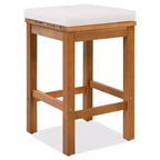 Ensemble de bar de jardin ModernLuxe 5 pièces en bois d'acacia, table haute avec 4 tabourets et coussins beiges pour jardin/bord de piscine, naturel
