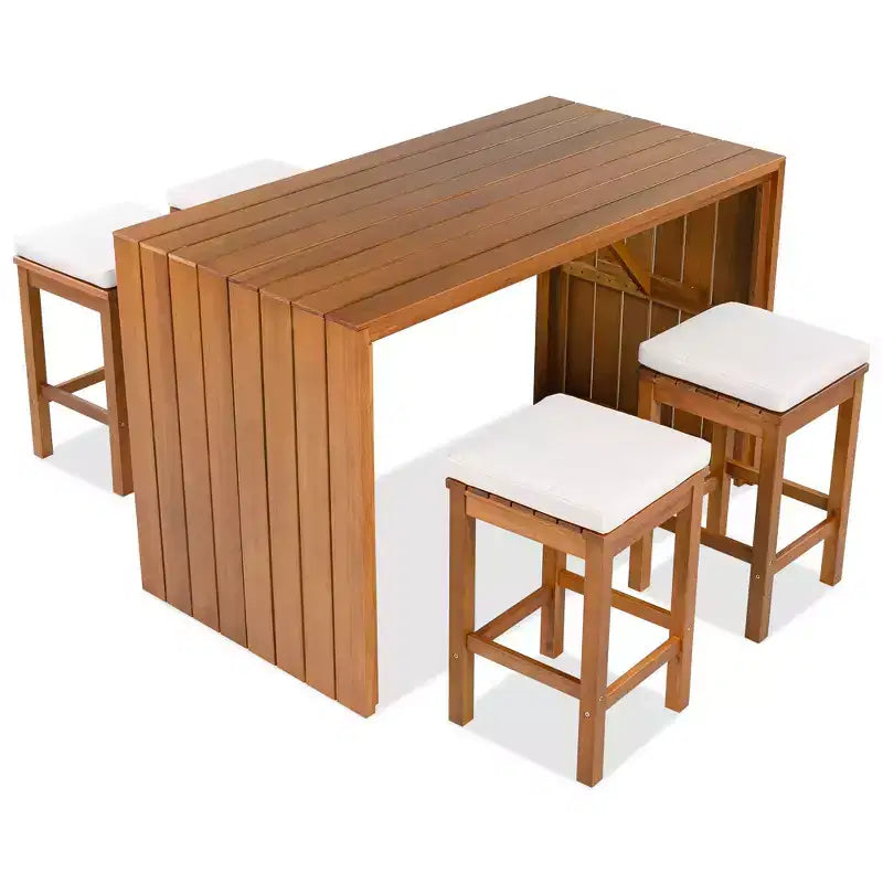 Ensemble de bar de jardin ModernLuxe 5 pièces en bois d'acacia, table haute avec 4 tabourets et coussins beiges pour jardin/bord de piscine, naturel