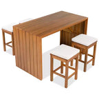 Ensemble de bar de jardin ModernLuxe 5 pièces en bois d'acacia, table haute avec 4 tabourets et coussins beiges pour jardin/bord de piscine, naturel