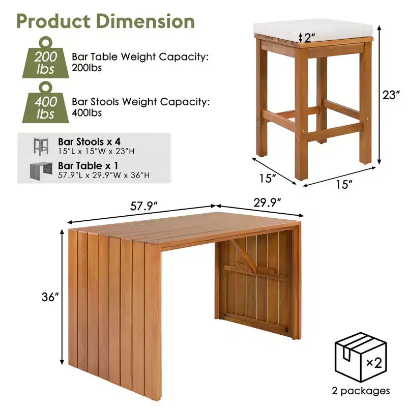 Ensemble de bar de jardin ModernLuxe 5 pièces en bois d'acacia, table haute avec 4 tabourets et coussins beiges pour jardin/bord de piscine, naturel