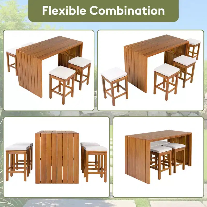 Ensemble de bar de jardin ModernLuxe 5 pièces en bois d'acacia, table haute avec 4 tabourets et coussins beiges pour jardin/bord de piscine, naturel