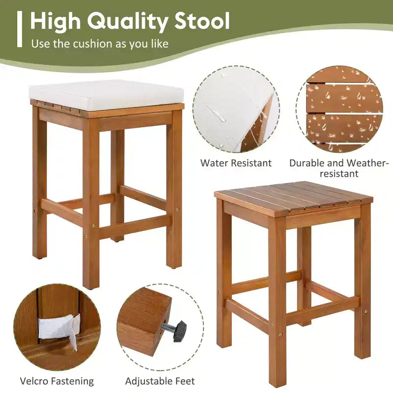 Ensemble de bar de jardin ModernLuxe 5 pièces en bois d'acacia, table haute avec 4 tabourets et coussins beiges pour jardin/bord de piscine, naturel