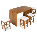 Ensemble de bar de jardin ModernLuxe 5 pièces en bois d'acacia, table haute avec 4 tabourets et coussins beiges pour jardin/bord de piscine, naturel