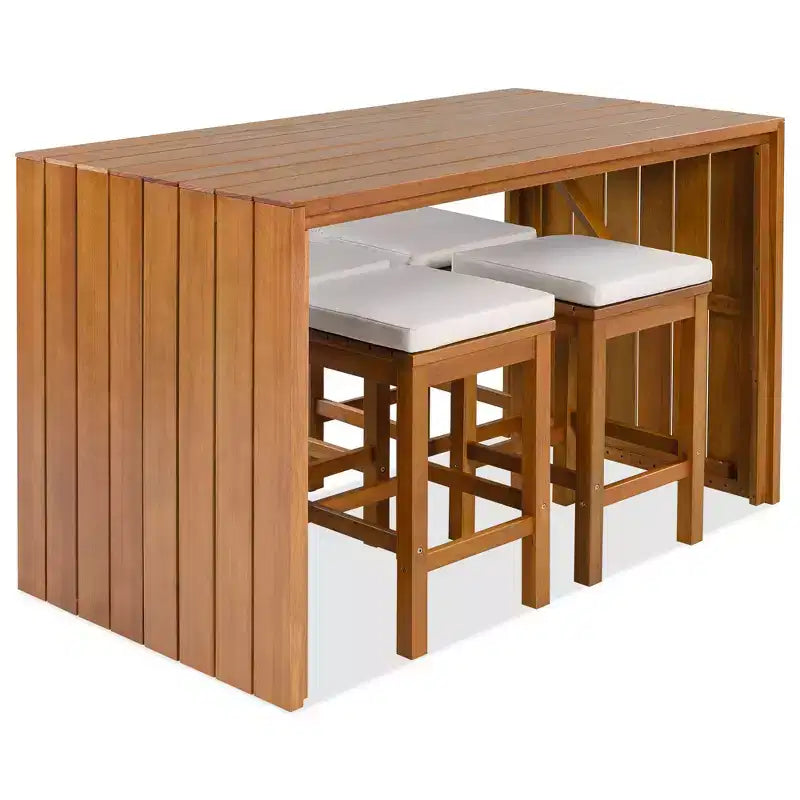 Ensemble de bar de jardin ModernLuxe 5 pièces en bois d'acacia, table haute avec 4 tabourets et coussins beiges pour jardin/bord de piscine, naturel