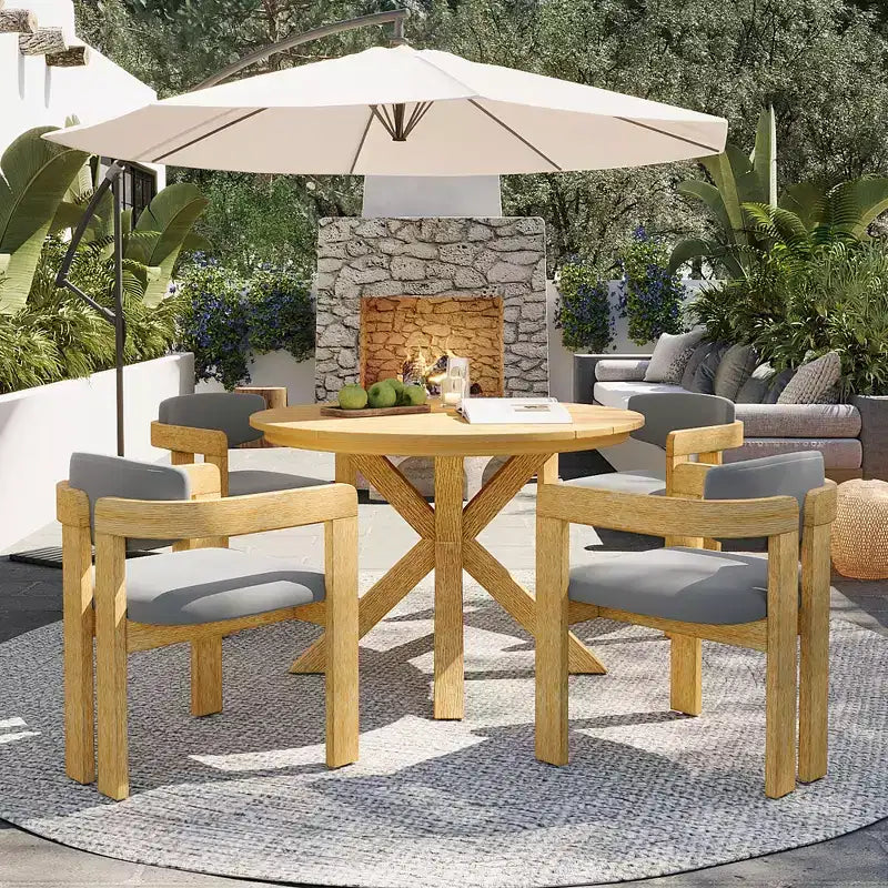 ModernLuxe Ensemble de 5 pièces de salle à manger d'extérieur en bois d'acacia avec table ronde de 47 pouces et 4 chaises baquets rembourrées pour jardin/terrasse/arrière-cour