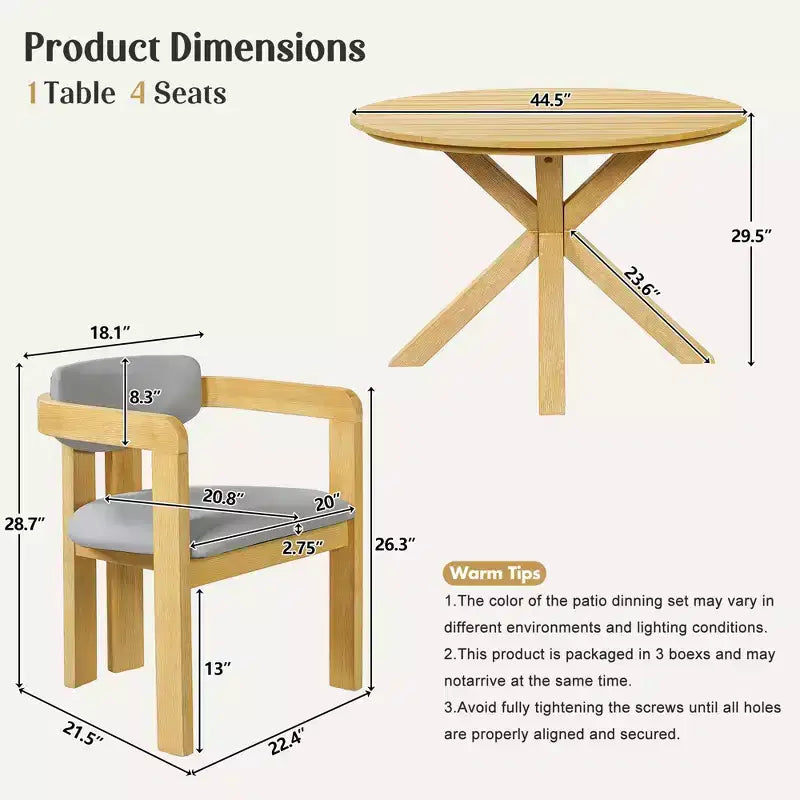 ModernLuxe Ensemble de 5 pièces de salle à manger d'extérieur en bois d'acacia avec table ronde de 47 pouces et 4 chaises baquets rembourrées pour jardin/terrasse/arrière-cour