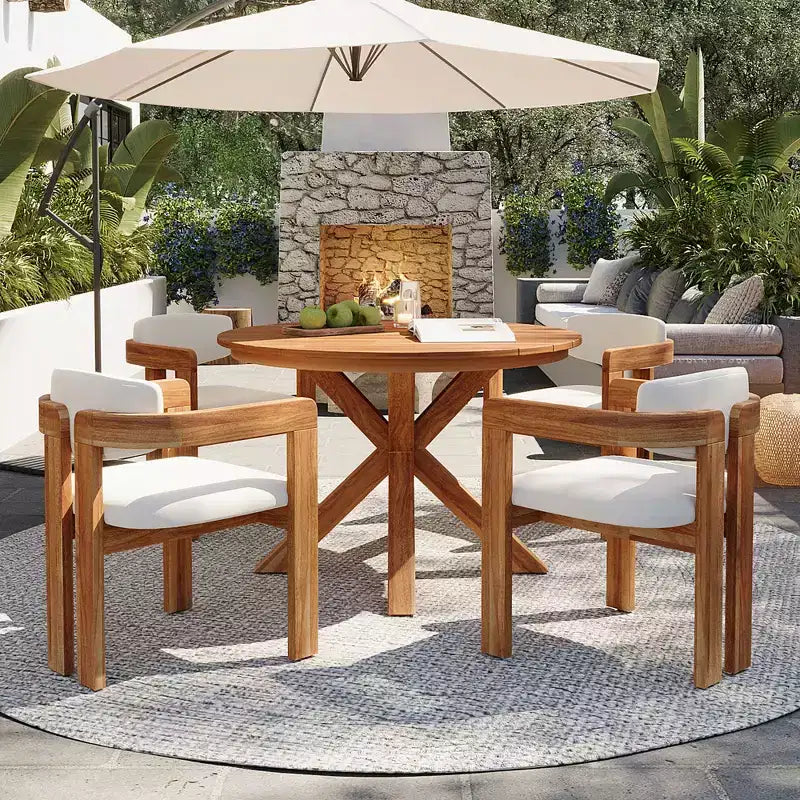 ModernLuxe Ensemble de 5 pièces de salle à manger d'extérieur en bois d'acacia avec table ronde de 47 pouces et 4 chaises baquets rembourrées pour jardin/terrasse/arrière-cour