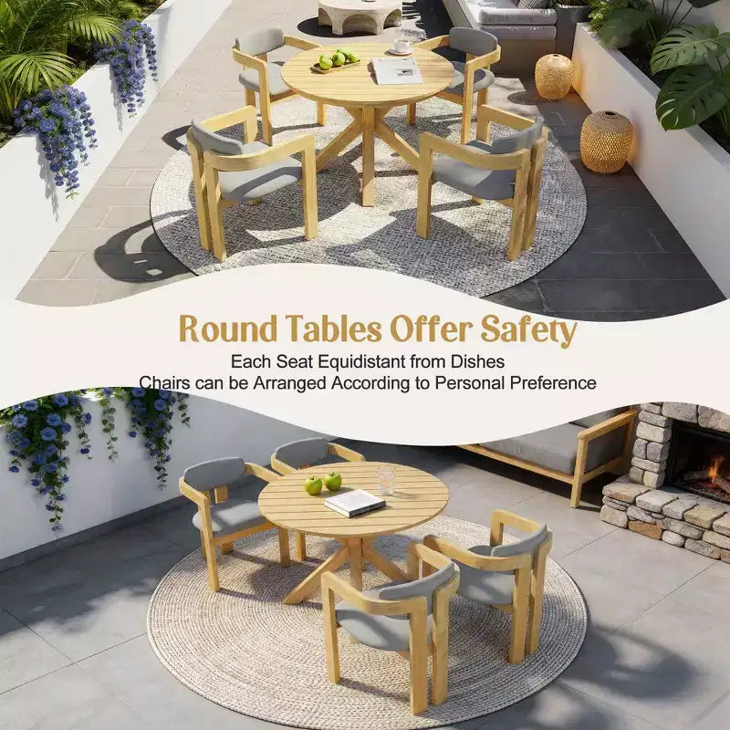 ModernLuxe Ensemble de 5 pièces de salle à manger d'extérieur en bois d'acacia avec table ronde de 47 pouces et 4 chaises baquets rembourrées pour jardin/terrasse/arrière-cour