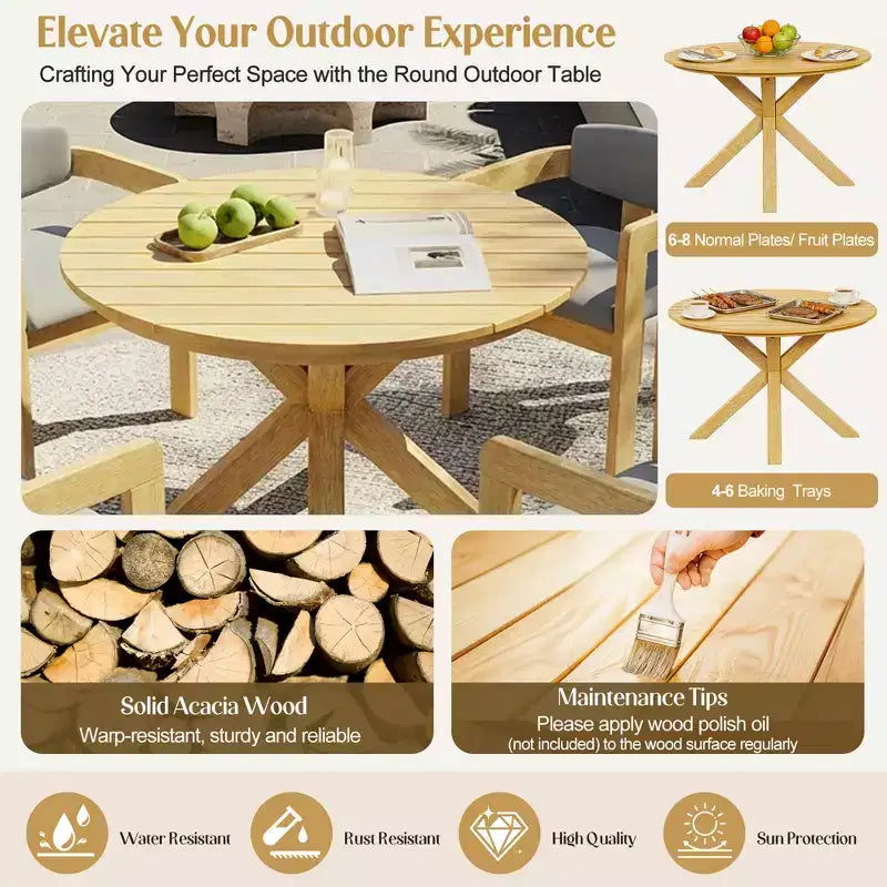 ModernLuxe Ensemble de 5 pièces de salle à manger d'extérieur en bois d'acacia avec table ronde de 47 pouces et 4 chaises baquets rembourrées pour jardin/terrasse/arrière-cour