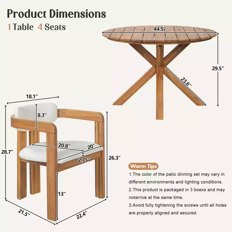 ModernLuxe Ensemble de 5 pièces de salle à manger d'extérieur en bois d'acacia avec table ronde de 47 pouces et 4 chaises baquets rembourrées pour jardin/terrasse/arrière-cour