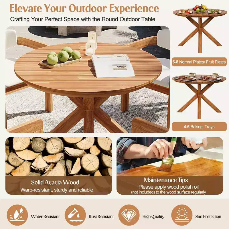 ModernLuxe Ensemble de 5 pièces de salle à manger d'extérieur en bois d'acacia avec table ronde de 47 pouces et 4 chaises baquets rembourrées pour jardin/terrasse/arrière-cour
