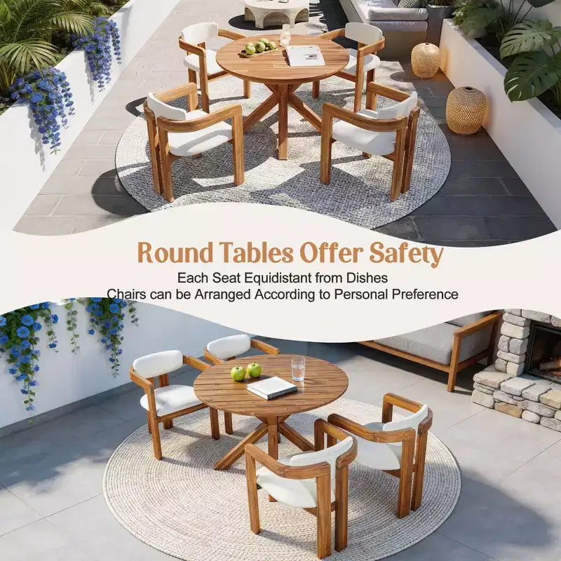 ModernLuxe Ensemble de 5 pièces de salle à manger d'extérieur en bois d'acacia avec table ronde de 47 pouces et 4 chaises baquets rembourrées pour jardin/terrasse/arrière-cour