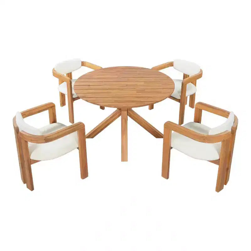 ModernLuxe Ensemble de 5 pièces de salle à manger d'extérieur en bois d'acacia avec table ronde de 47 pouces et 4 chaises baquets rembourrées pour jardin/terrasse/arrière-cour