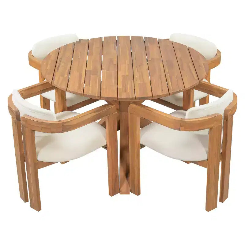 ModernLuxe Ensemble de 5 pièces de salle à manger d'extérieur en bois d'acacia avec table ronde de 47 pouces et 4 chaises baquets rembourrées pour jardin/terrasse/arrière-cour