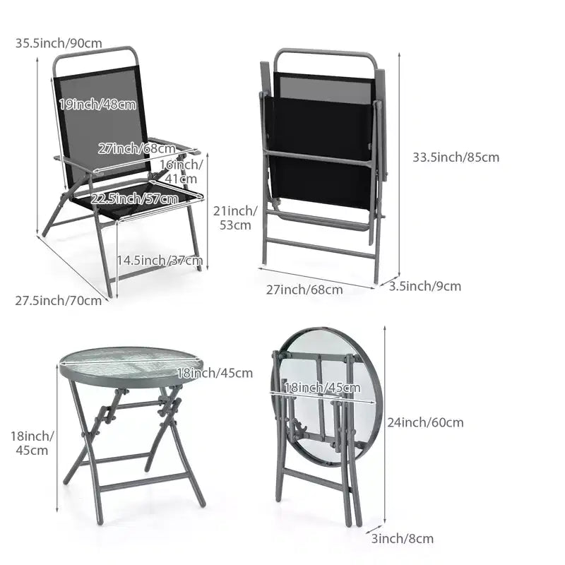 Gymax Ensemble table et chaises pliantes de patio portables 3 pièces avec sièges extra-larges et cadre en métal