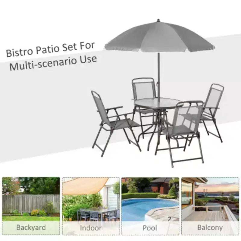 6 Piece Patio Dining Set for 4 with Umbrella/ Outdoor Set with 4 Folding Dining Chairs and Round Glass Table for Garden Backyard and Poolside - Gray