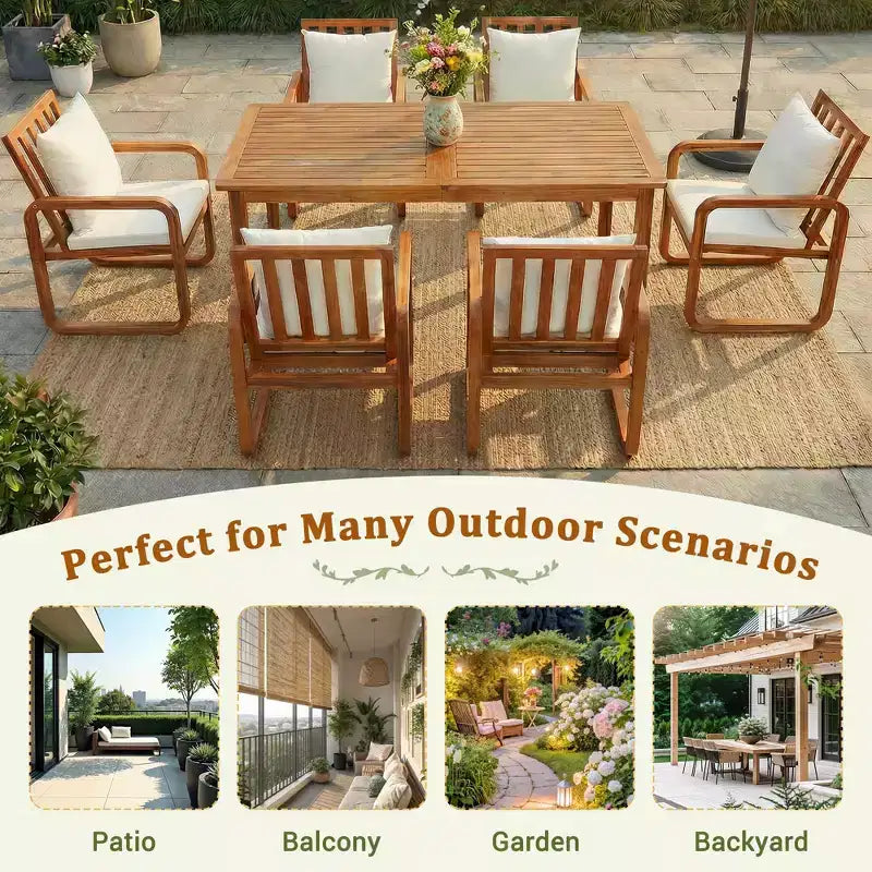 GDFStudio Camille 7-Piece Acacia Wood Patio Dining Set with Cushions