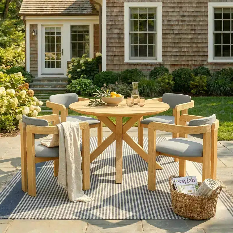 Christopher Knight Home Sandy Set da Pranzo Rustico da Esterno a 5 Pezzi in Legno di Acacia con 4 Sedie Imbottite a Barilotto e 1 Tavolo Rotondo a Doghe
