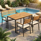 Gymax 4 PC Patio Furniture Set w/ Acacia Wood Table & Umbrella Hole 2 Stackable Chairs Bench Comfortable Cushions