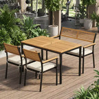 Gymax 4 PC Patio Furniture Set w/ Acacia Wood Table & Umbrella Hole 2 Stackable Chairs Bench Comfortable Cushions