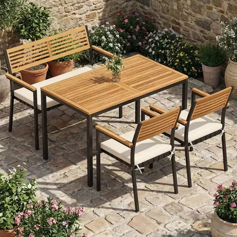 Gymax 4 PC Patio Furniture Set w/ Acacia Wood Table & Umbrella Hole 2 Stackable Chairs Bench Comfortable Cushions