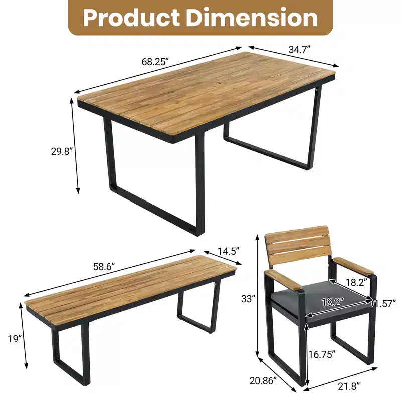 GDFStudio Elvira Patio Modern 6-Piece Acacia Wood Dining Set with Table, 4 Cushioned Chairs and Bench