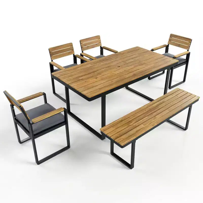GDFStudio Elvira Patio Modern 6-Piece Acacia Wood Dining Set with Table, 4 Cushioned Chairs and Bench